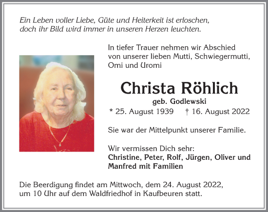 Traueranzeige von Christa Röhlich von Allgäuer Zeitung, Kaufbeuren/Buchloe