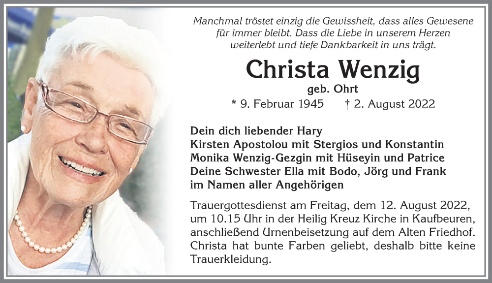  Traueranzeige für Christa Wenzig vom 06.08.2022 aus Allgäuer Zeitung, Kaufbeuren/Buchloe