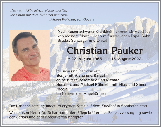 Traueranzeige von Christian Pauker von Allgäuer Anzeigeblatt