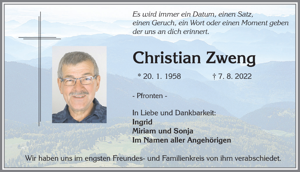  Traueranzeige für Christian Zweng vom 12.08.2022 aus Allgäuer Zeitung, Füssen
