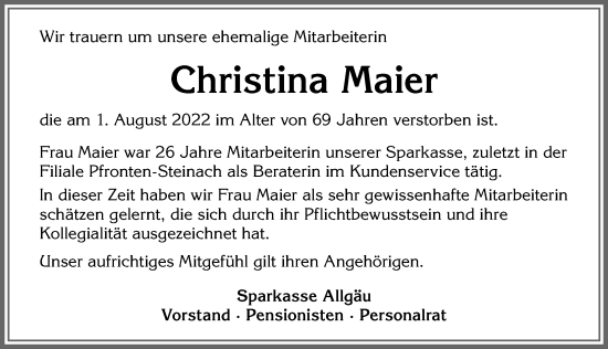 Traueranzeige von Christina Maier von Allgäuer Zeitung, Füssen