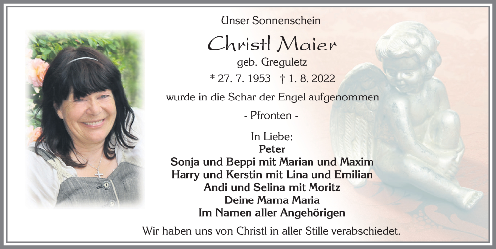  Traueranzeige für Christl Maier vom 11.08.2022 aus Allgäuer Zeitung, Füssen