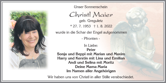 Traueranzeige von Christl Maier von Allgäuer Zeitung, Füssen