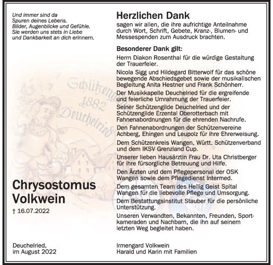 Traueranzeige von Chrysostomus Volkwein von Der Westallgäuer