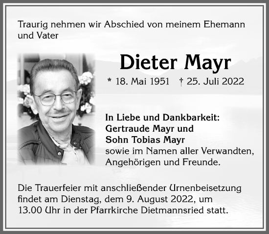 Traueranzeige von Dieter Mayr von Allgäuer Zeitung,Kempten