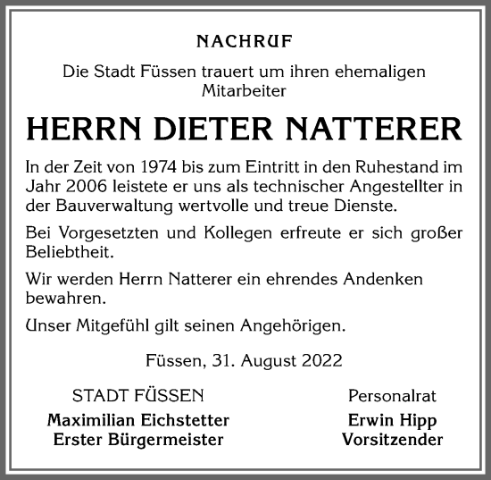 Traueranzeige von Dieter Natterer von Allgäuer Zeitung, Füssen