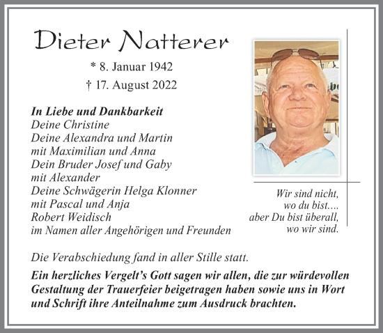 Traueranzeige von Dieter Natterer von Allgäuer Zeitung, Füssen