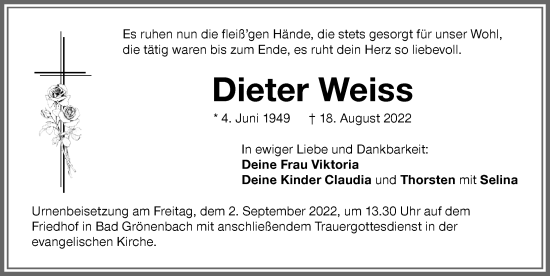 Traueranzeige von Dieter Weiss von Memminger Zeitung