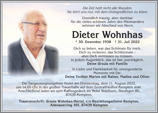 Traueranzeige von Dieter Wohnhas von Allgäuer Zeitung,Kempten