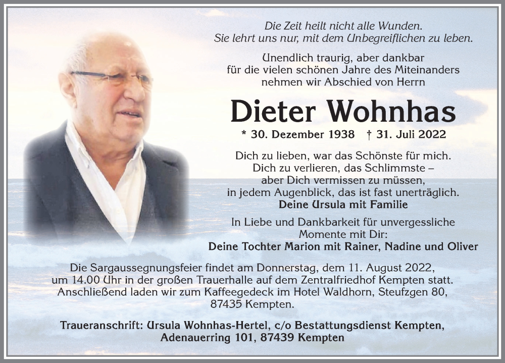  Traueranzeige für Dieter Wohnhas vom 09.08.2022 aus Allgäuer Zeitung,Kempten