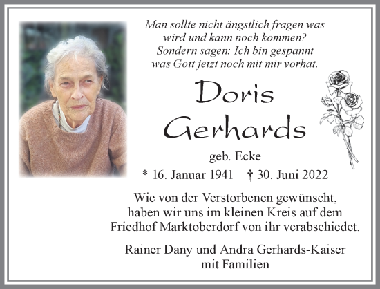 Traueranzeige von Doris Gerhards von Allgäuer Zeitung, Marktoberdorf