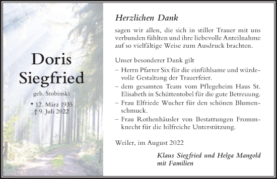 Traueranzeige von Doris Siegfried von Der Westallgäuer