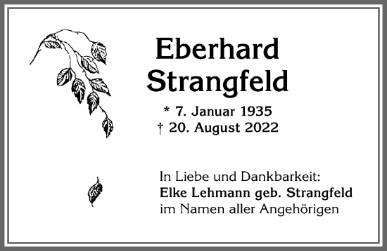 Traueranzeige von Eberhard Strangfeld von Allgäuer Anzeigeblatt
