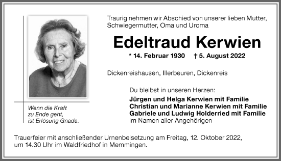 Traueranzeige von Edeltraud Kerwien von Memminger Zeitung