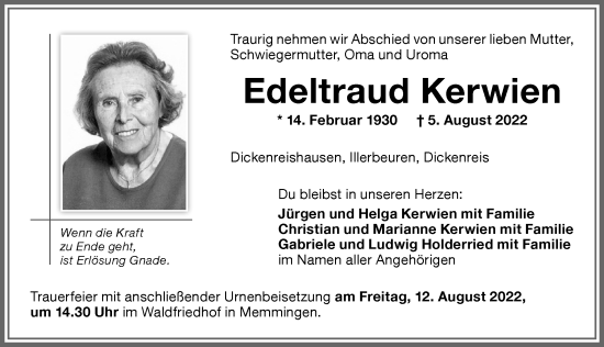 Traueranzeige von Edeltraud Kerwien von Memminger Zeitung