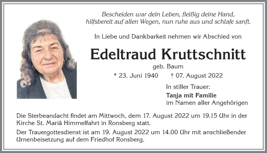 Traueranzeige von Edeltraud Kruttschnitt von Allgäuer Zeitung, Marktoberdorf