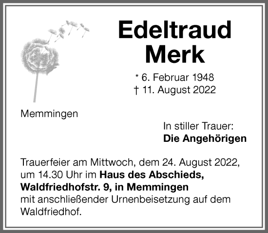 Traueranzeige von Edeltraud Merk von Memminger Zeitung