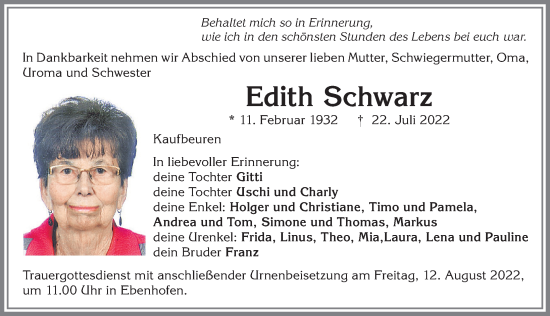 Traueranzeige von Edith Schwarz von Allgäuer Zeitung, Marktoberdorf
