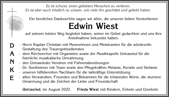Traueranzeige von Edwin Wiest von Allgäuer Zeitung, Marktoberdorf
