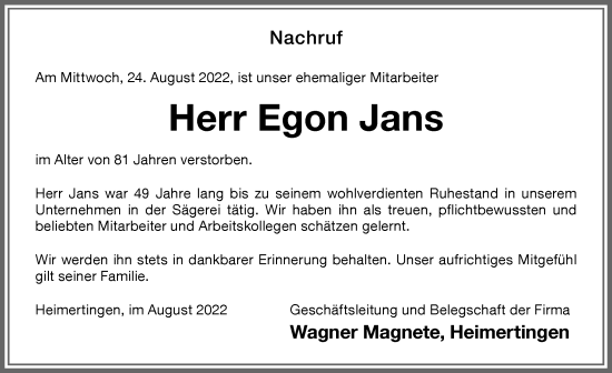Traueranzeige von Egon Jans von Memminger Zeitung