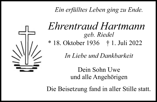 Traueranzeige von Ehrentraud Hartmann von Allgäuer Zeitung, Marktoberdorf