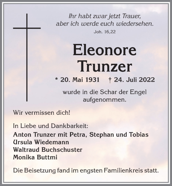 Traueranzeige von Eleonore Trunzer von Allgäuer Zeitung,Kempten