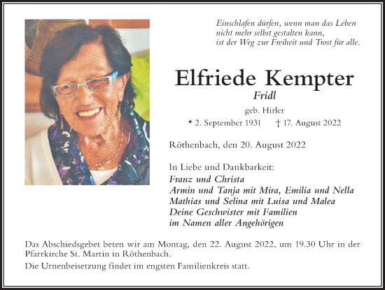 Traueranzeige von Elfriede Kempter von Der Westallgäuer