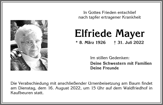 Traueranzeige von Elfriede Mayer von Allgäuer Zeitung, Kaufbeuren/Buchloe