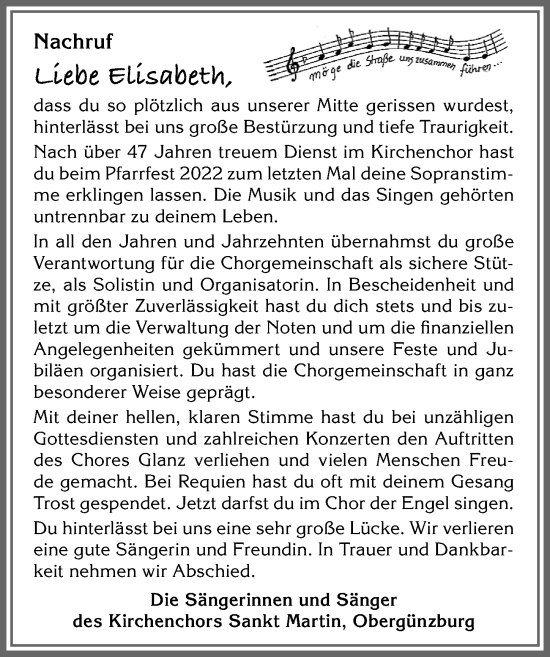 Traueranzeige von Elisabeth  von Allgäuer Zeitung, Marktoberdorf