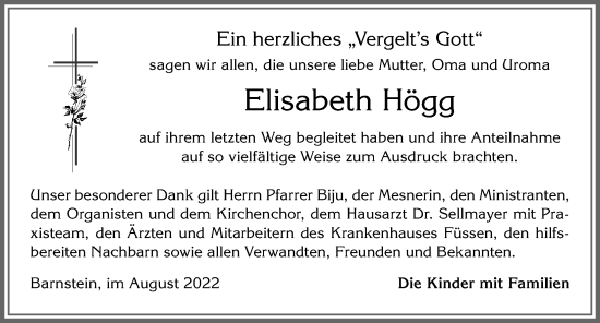 Traueranzeige von Elisabeth Högg von Allgäuer Zeitung, Marktoberdorf