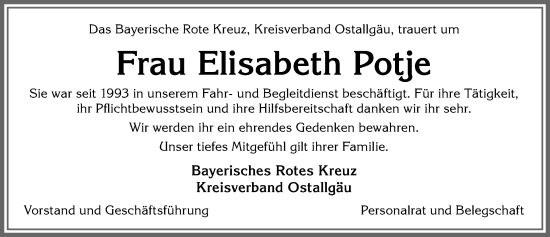 Traueranzeige von Elisabeth Potje von Allgäuer Zeitung, Marktoberdorf