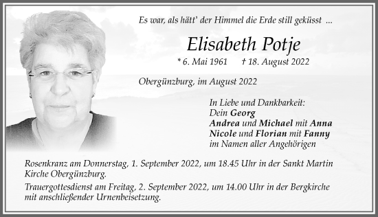 Traueranzeige von Elisabeth Potje von Allgäuer Zeitung, Kaufbeuren/Buchloe