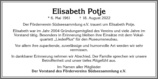 Traueranzeige von Elisabeth Potje von Allgäuer Zeitung, Marktoberdorf