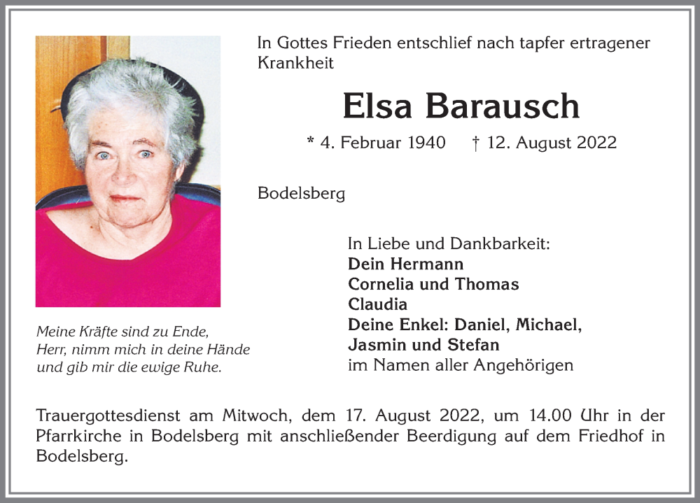  Traueranzeige für Elsa Barausch vom 13.08.2022 aus Allgäuer Zeitung,Kempten