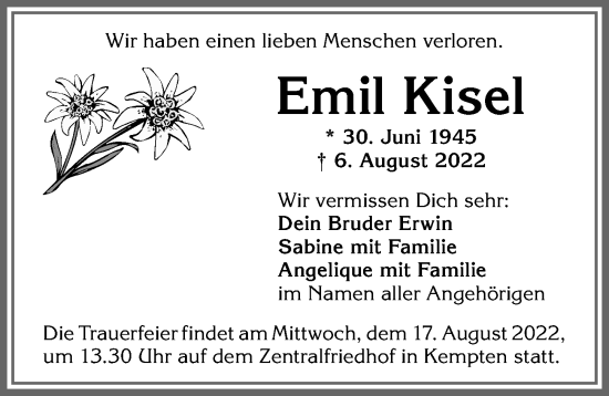 Traueranzeige von Emil Kisel von Allgäuer Zeitung,Kempten
