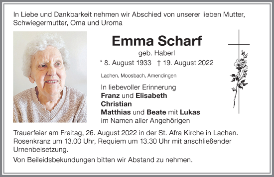 Traueranzeige von Emma Scharf von Memminger Zeitung