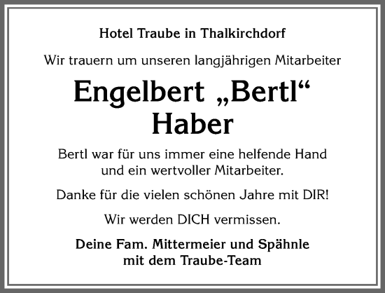 Traueranzeige von Engelbert Haber von Allgäuer Anzeigeblatt