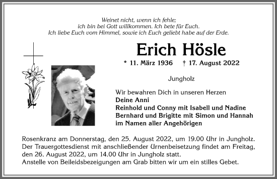 Traueranzeige von Erich Hösle von Allgäuer Anzeigeblatt