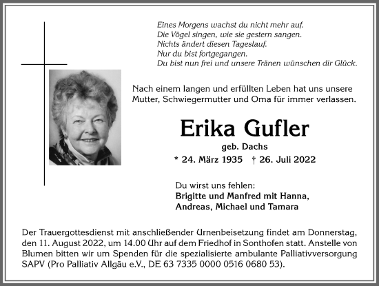 Traueranzeige von Erika Gufler von Allgäuer Anzeigeblatt