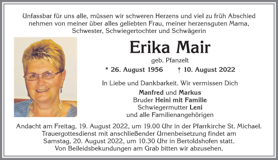 Traueranzeige von Erika Mair von Allgäuer Zeitung, Marktoberdorf