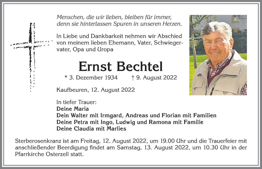  Traueranzeige für Ernst Bechtel vom 12.08.2022 aus Allgäuer Zeitung, Kaufbeuren/Buchloe