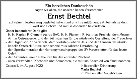 Traueranzeige von Ernst Bechtel von Allgäuer Zeitung, Kaufbeuren/Buchloe