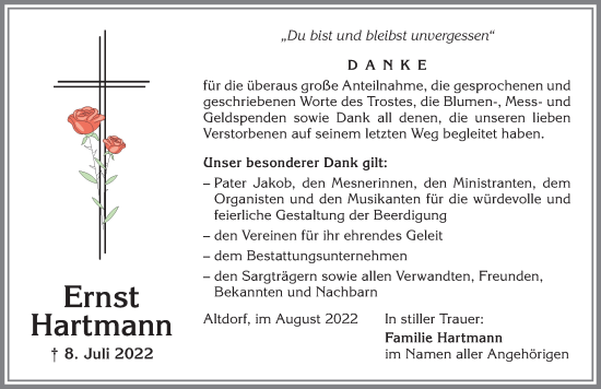 Traueranzeige von Ernst Hartmann von Allgäuer Zeitung, Marktoberdorf