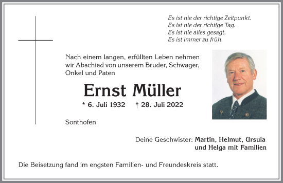 Traueranzeige von Ernst Müller von Allgäuer Anzeigeblatt