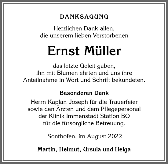 Traueranzeige von Ernst Müller von Allgäuer Anzeigeblatt