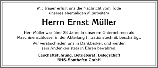 Traueranzeige von Ernst Müller von Allgäuer Anzeigeblatt