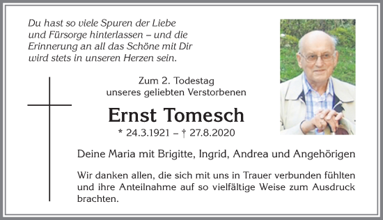 Traueranzeige von Ernst Tomesch von Allgäuer Zeitung, Kaufbeuren/Buchloe