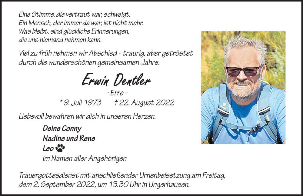  Traueranzeige für Erwin Dentler vom 31.08.2022 aus Memminger Zeitung