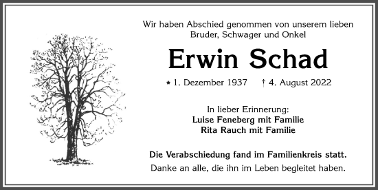 Traueranzeige von Erwin Schad von Allgäuer Zeitung, Marktoberdorf
