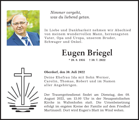 Traueranzeige von Eugen Briegel von Allgäuer Zeitung,Kempten